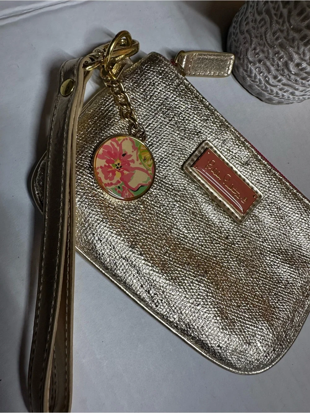 Gold Wristlet Coin Purse with Floral Charm